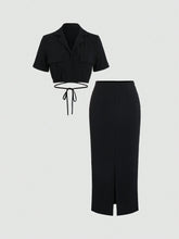 Women's Solid Color Simple Daily Twill Woven Short Sleeve Top And Skirt Set